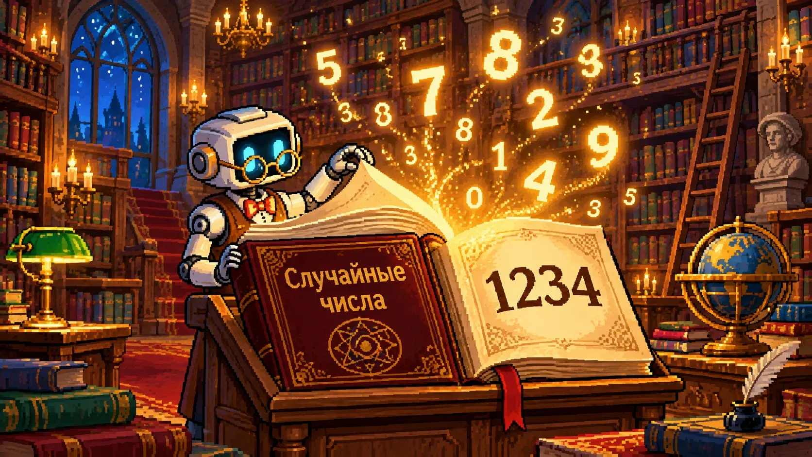 Пиксельный робот-библиотекарь в очках открывает гигантскую книгу «Случайные числа» на странице 1234, из нее вылетают светящиеся цифры