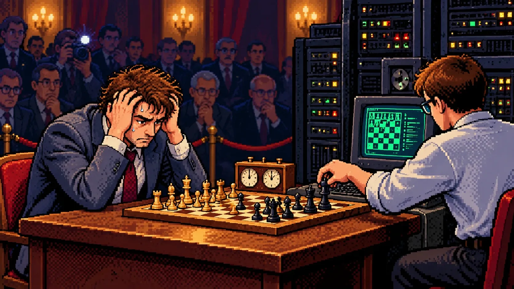 Пиксельный шахматист 90-х в напряжении играет против огромного компьютерного шкафа с мигающими лампочками, оператор переставляет фигуры по подсказке с монитора
