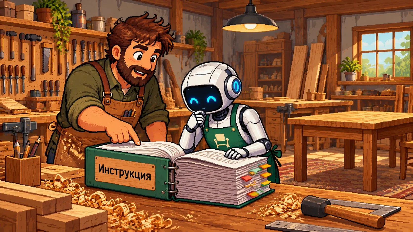 Пиксельный робот-новичок в зеленом фартуке читает толстую папку «Инструкция» в мебельной мастерской, бородатый мастер показывает пальцем на важный пункт