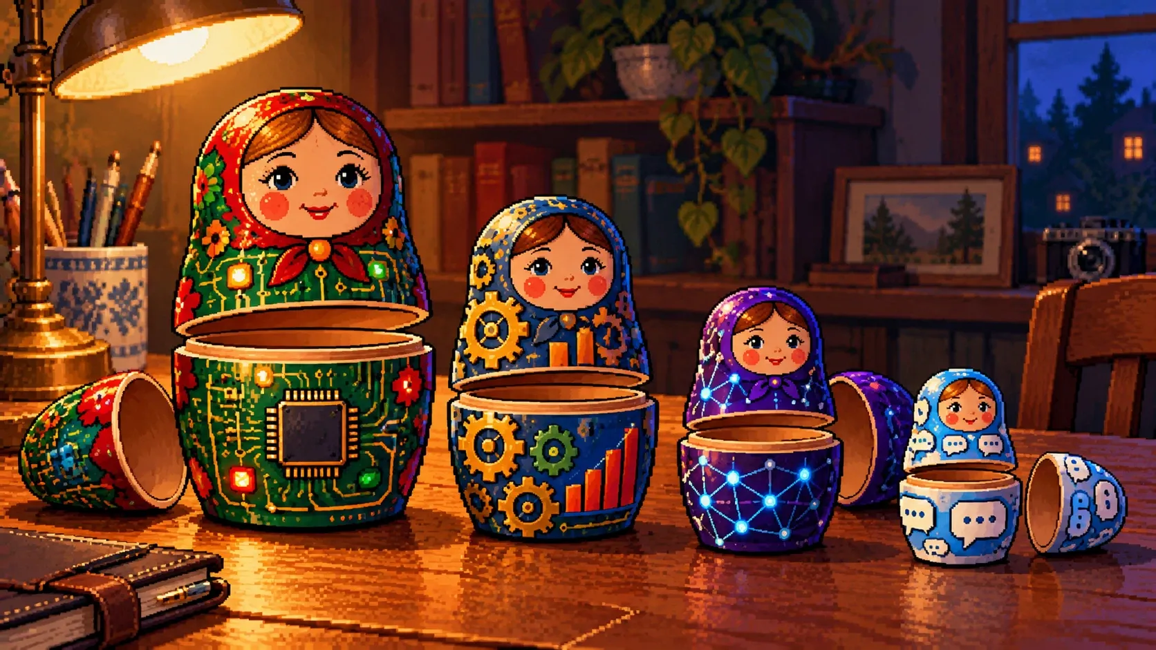 Четыре пиксельные матрешки в ряд: с микросхемами, шестеренками, сеткой из светящихся точек и облачками чата