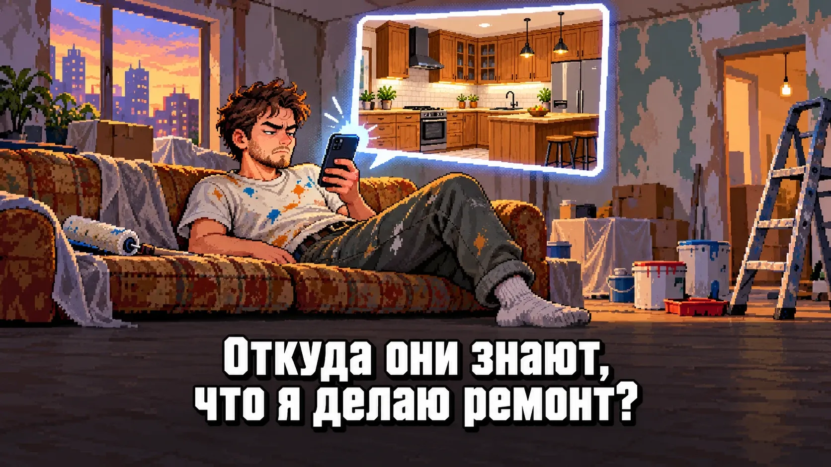 Пиксельный парень в заляпанной краской футболке лежит на диване в квартире на ремонте и с подозрением смотрит в телефон, над которым всплывает реклама деревянной кухни, внизу надпись «Откуда они знают, что я делаю ремонт?»