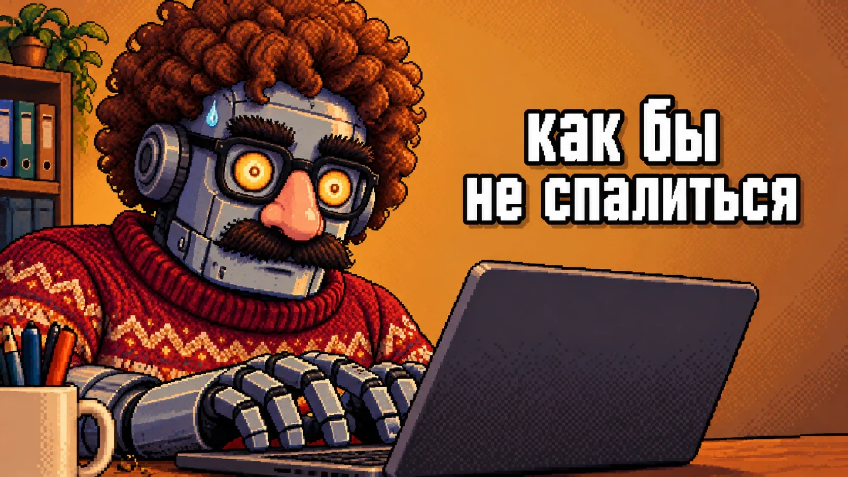 Пиксельный робот в кудрявом парике, накладных усах, очках и свитере нервно печатает на ноутбуке, рядом надпись «как бы не спалиться»