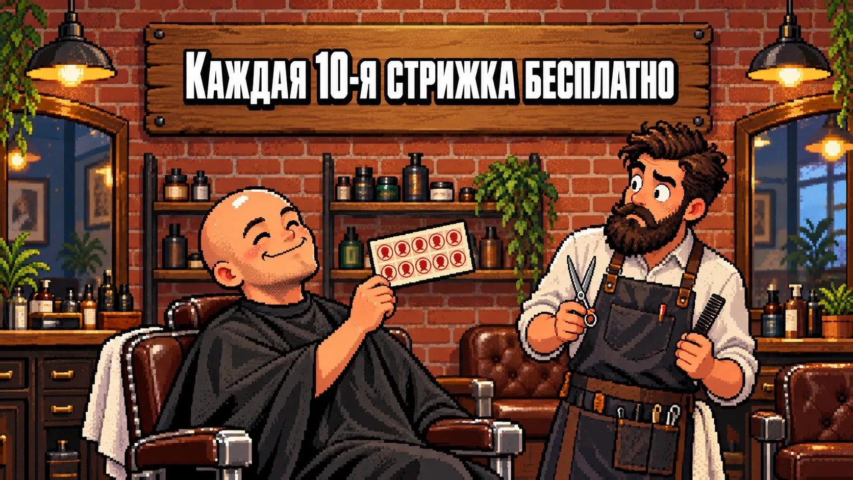 Пиксельный барбершоп — довольный лысый клиент в кресле протягивает карточку, полностью заполненную штампами, бородатый барбер с ножницами и расческой растерянно смотрит на него, на кирпичной стене вывеска «Каждая 10-я стрижка бесплатно»