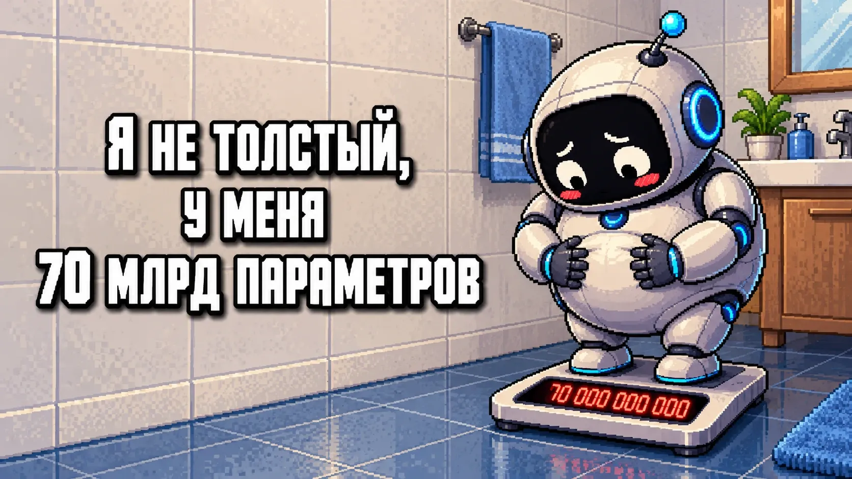 Пиксельный круглый робот в ванной стоит на напольных весах, смущенно держится за живот и смотрит на табло с числом 70 000 000 000, слева надпись «Я не толстый, у меня 70 млрд параметров»