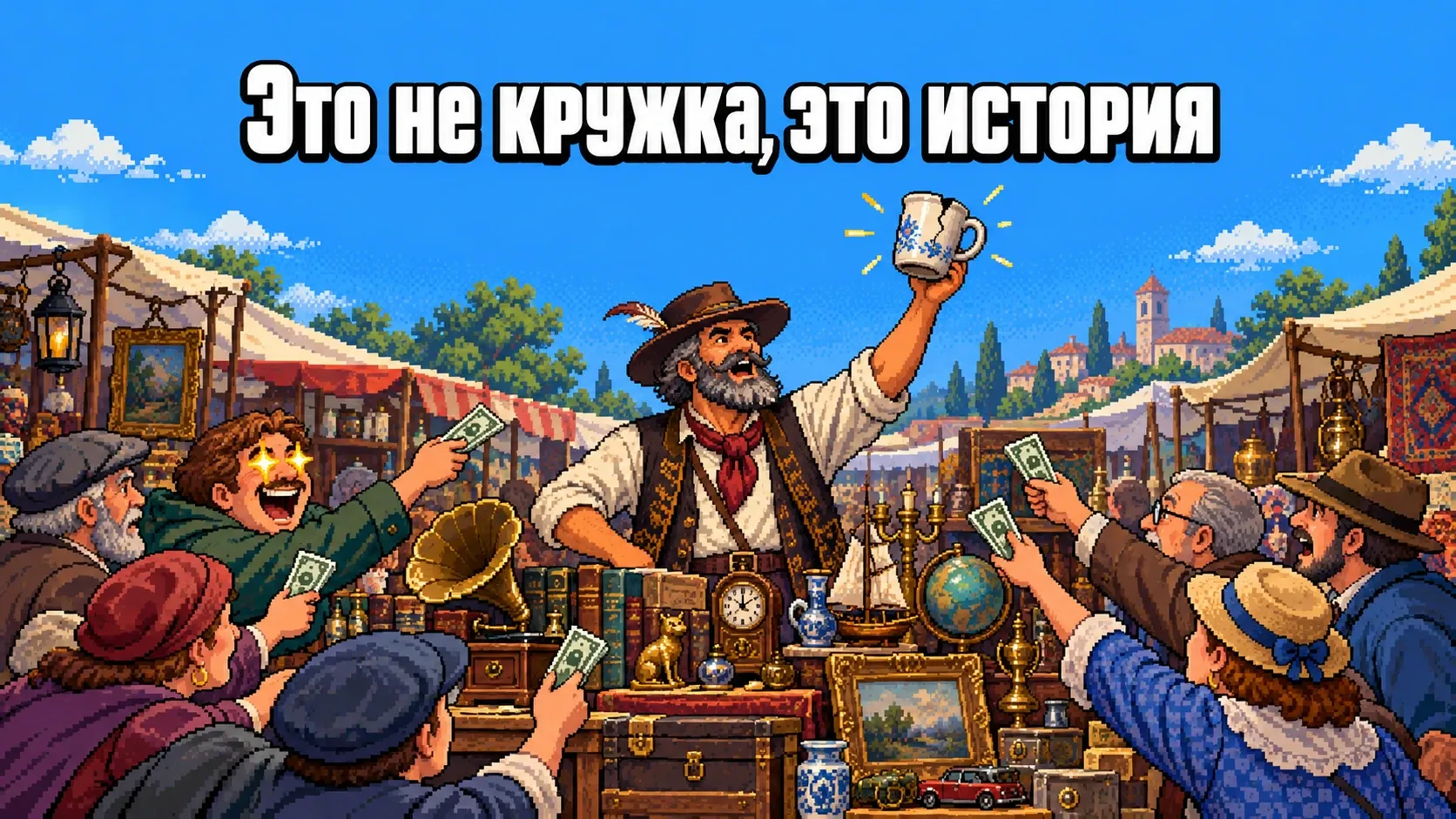 Пиксельный блошиный рынок — продавец держит над головой старую треснувшую кружку, а покупатели вокруг тянут к нему руки с деньгами, сверху надпись «Это не кружка, это история»