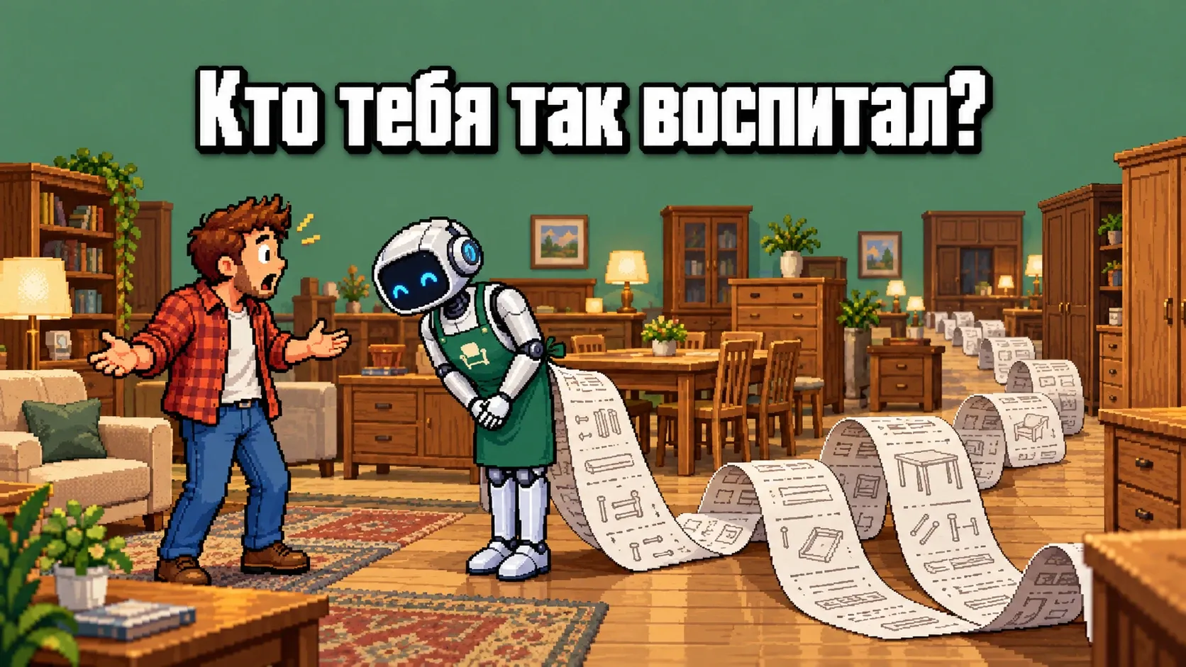 Пиксельный робот-консультант в зеленом фартуке вежливо кланяется удивленному покупателю в мебельном салоне, за спиной робота через весь зал тянется бумажный свиток инструкций, сверху надпись «Кто тебя так воспитал?»