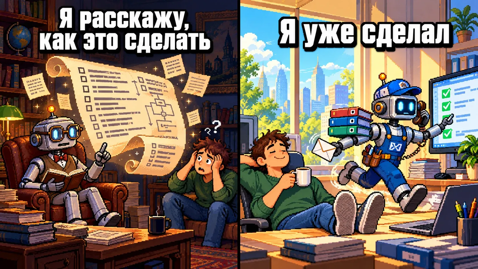 Пиксельный сплит-экран — слева робот в кресле объясняет длинный свиток растерянному человеку, подпись «Я расскажу, как это сделать»; справа робот в комбинезоне сам выполняет задачи, а человек пьет кофе, подпись «Я уже сделал»