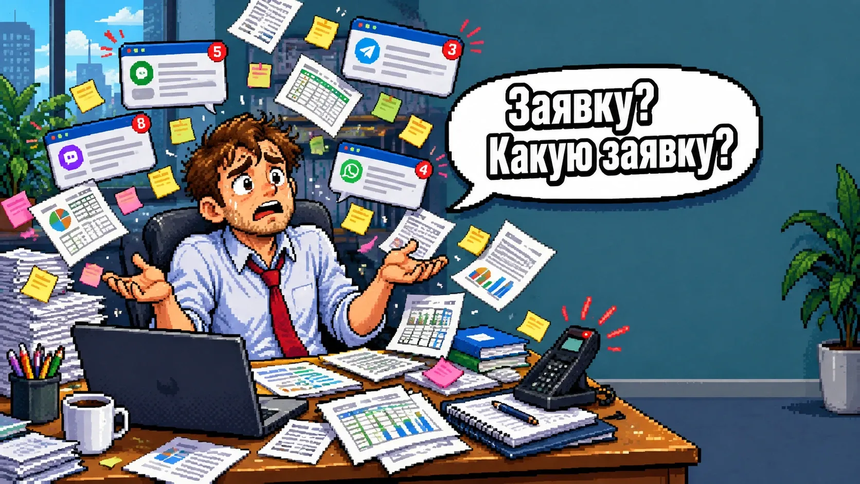 Пиксельный офис — менеджер в окружении десятков стикеров, таблиц и мессенджеров говорит в облачке «Заявку? Какую заявку?»