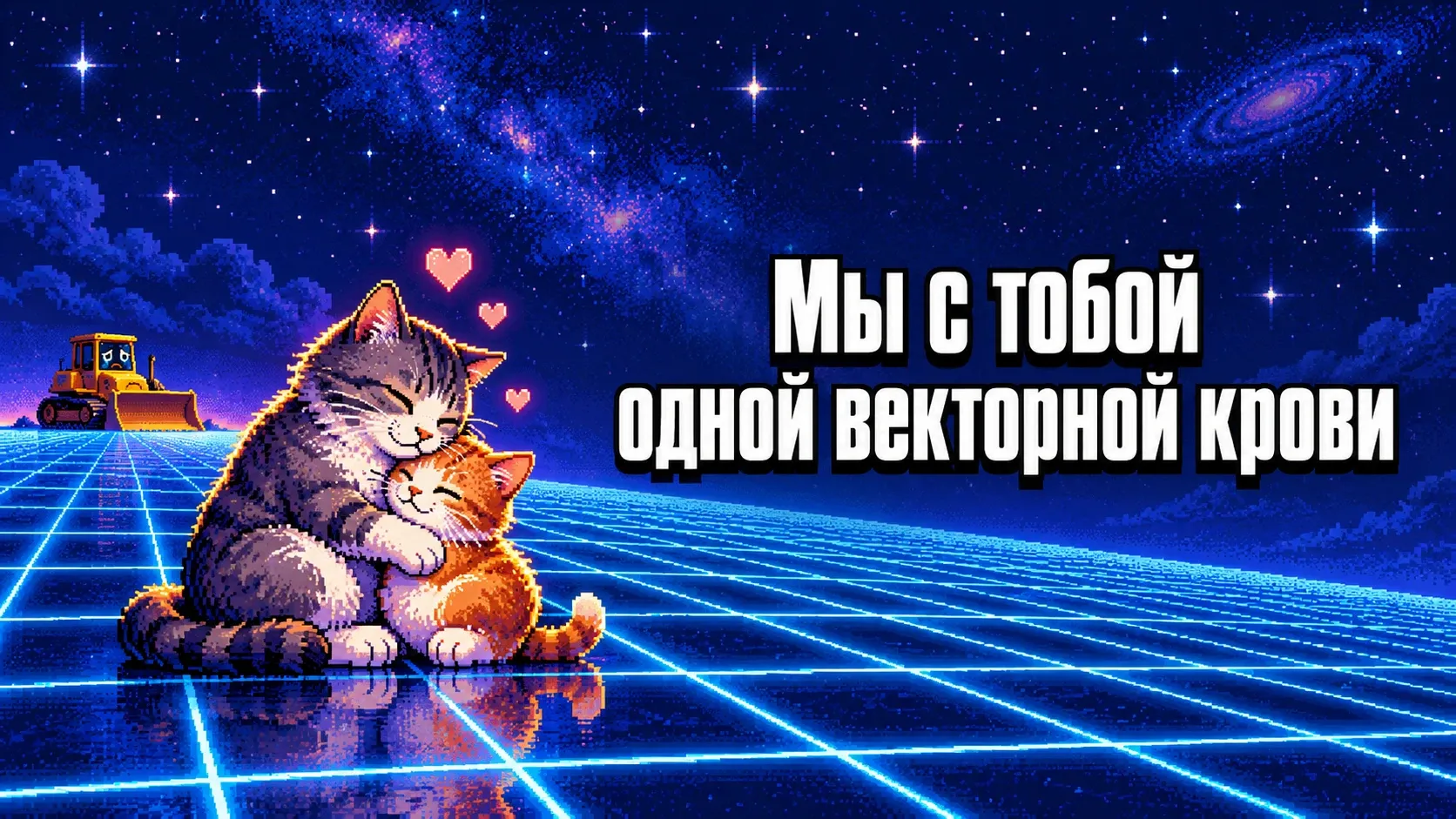 Пиксельные кошка и котенок обнимаются на светящейся координатной сетке под звездным небом, вдалеке грустный бульдозер, надпись «Мы с тобой одной векторной крови»