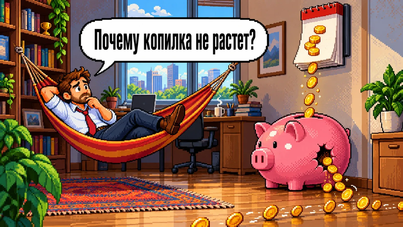 Пиксельный владелец бизнеса в рубашке и галстуке лежит в гамаке в кабинете, монеты из настенного календаря падают в розовую копилку-свинку, а из дырки в ее боку высыпаются на пол, в облачке реплика «Почему копилка не растет?»